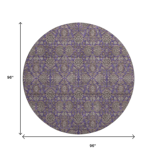 HomeRoots 8' Purple and Beige Floral Washable Round Rug - UV Protected, Durable, Easy-Care for Family Homes 656852