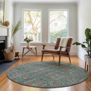 HomeRoots 8' Teal And Beige Floral Round Rug – Washable, UV Protected, Stain Resistant, Perfect for Active Homes! 656858