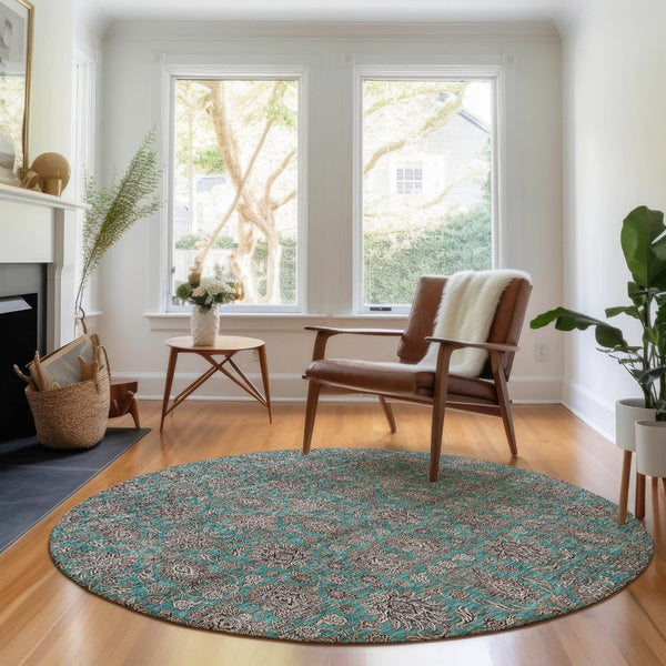 HomeRoots 8' Teal And Beige Floral Round Rug – Washable, UV Protected, Stain Resistant, Perfect for Active Homes! 656858