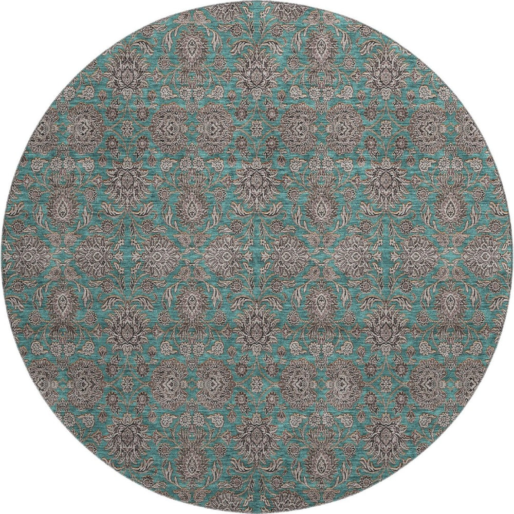 HomeRoots 8' Teal And Beige Floral Round Rug – Washable, UV Protected, Stain Resistant, Perfect for Active Homes! 656858