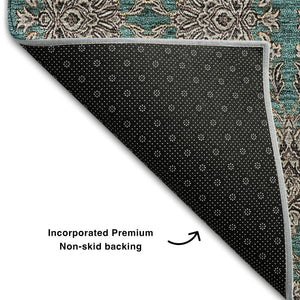 HomeRoots 8' Teal And Beige Floral Round Rug – Washable, UV Protected, Stain Resistant, Perfect for Active Homes! 656858