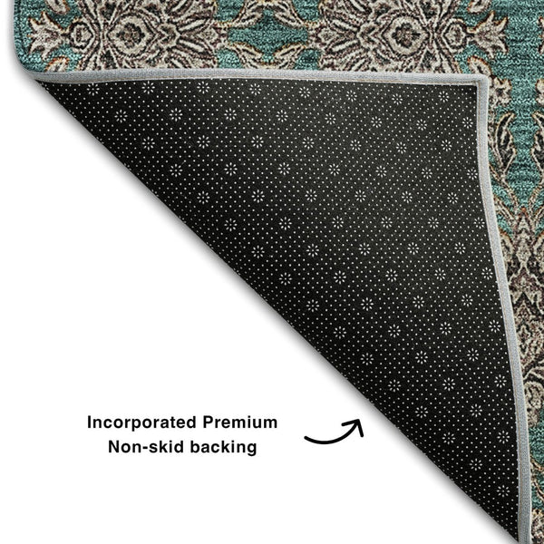 HomeRoots 8' Teal And Beige Floral Round Rug – Washable, UV Protected, Stain Resistant, Perfect for Active Homes! 656858
