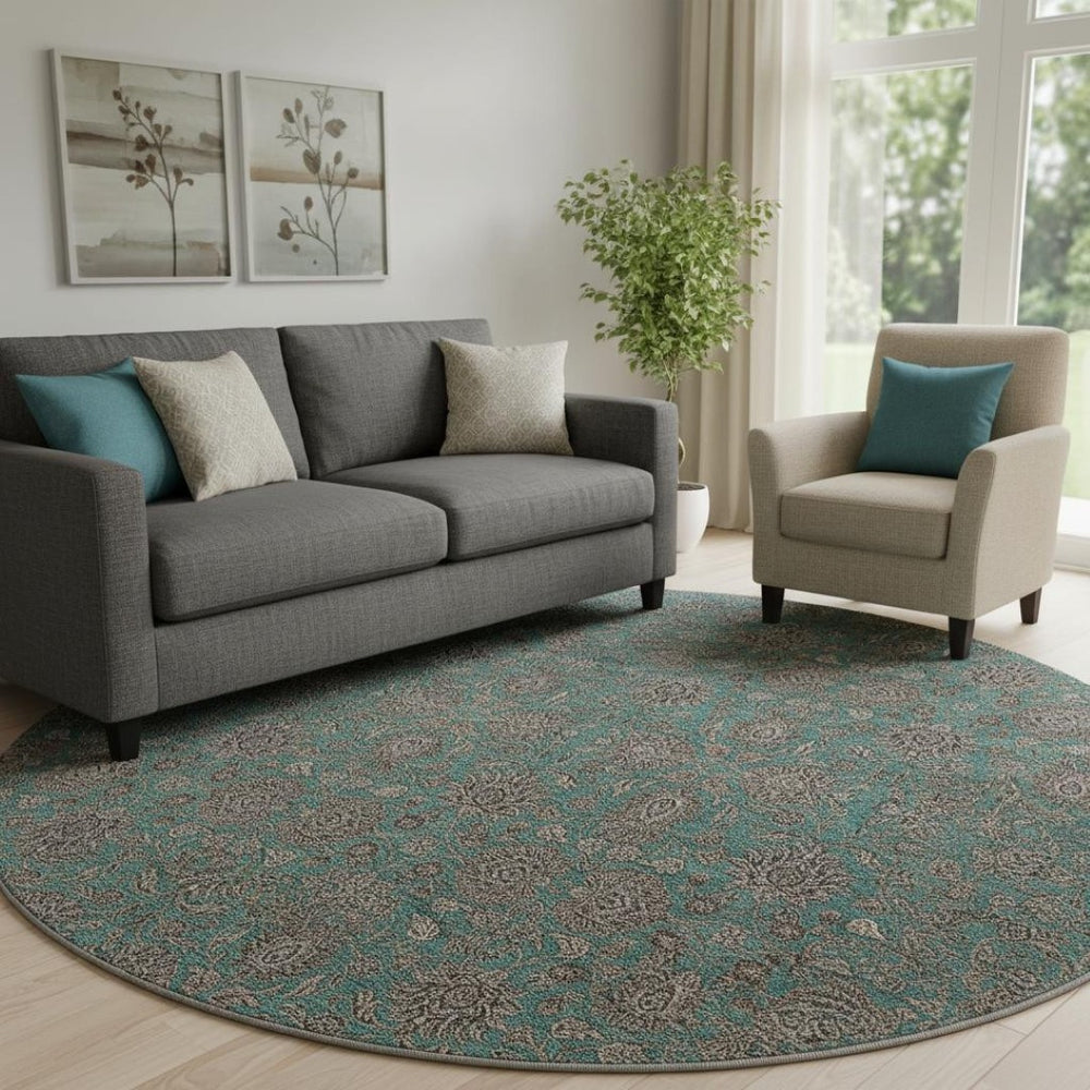 HomeRoots 8' Teal And Beige Floral Round Rug – Washable, UV Protected, Stain Resistant, Perfect for Active Homes! 656858