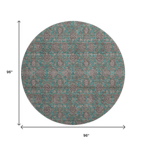 HomeRoots 8' Teal And Beige Floral Round Rug – Washable, UV Protected, Stain Resistant, Perfect for Active Homes! 656858