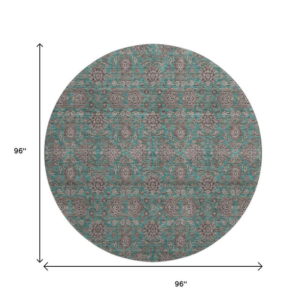 HomeRoots 8' Teal And Beige Floral Round Rug – Washable, UV Protected, Stain Resistant, Perfect for Active Homes! 656858