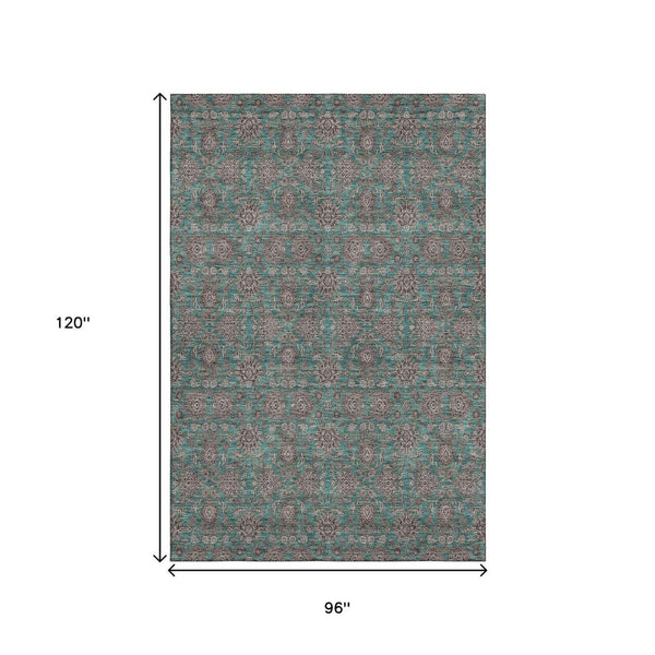 HomeRoots 8' X 10' Teal and Beige Floral Area Rug - Durable, Stain Resistant, UV Protected for Busy Homes 656859