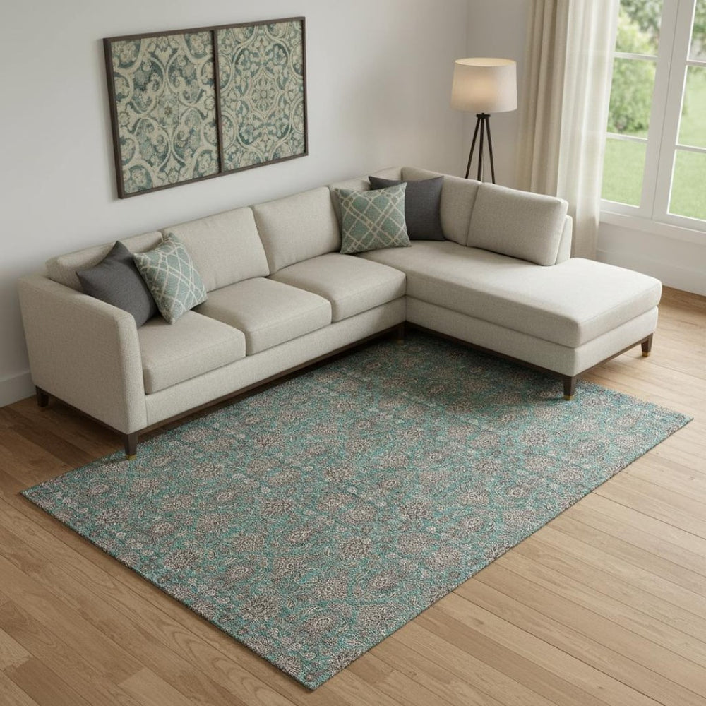 HomeRoots 8' X 10' Teal and Beige Floral Area Rug - Durable, Stain Resistant, UV Protected for Busy Homes 656859