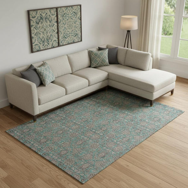 HomeRoots 8' X 10' Teal and Beige Floral Area Rug - Durable, Stain Resistant, UV Protected for Busy Homes 656859