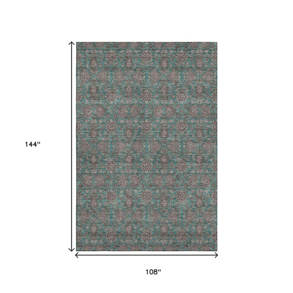 HomeRoots 9' X 12' Teal Floral Area Rug - Washable, UV-Protected, Stain-Resistant for High-Traffic Spaces 656860