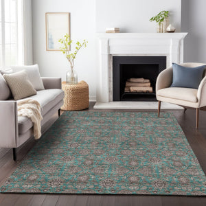 HomeRoots 9' X 12' Teal Floral Area Rug - Washable, UV-Protected, Stain-Resistant for High-Traffic Spaces 656860