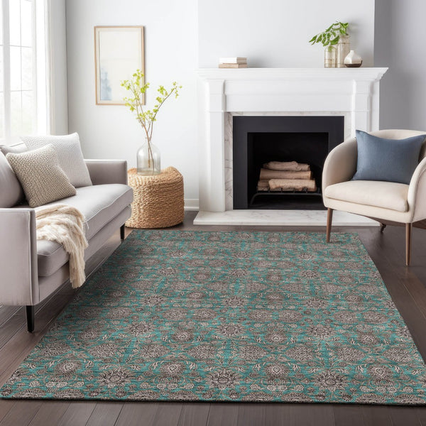 HomeRoots 9' X 12' Teal Floral Area Rug - Washable, UV-Protected, Stain-Resistant for High-Traffic Spaces 656860