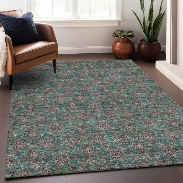 HomeRoots 9' X 12' Teal Floral Area Rug - Washable, UV-Protected, Stain-Resistant for High-Traffic Spaces 656860