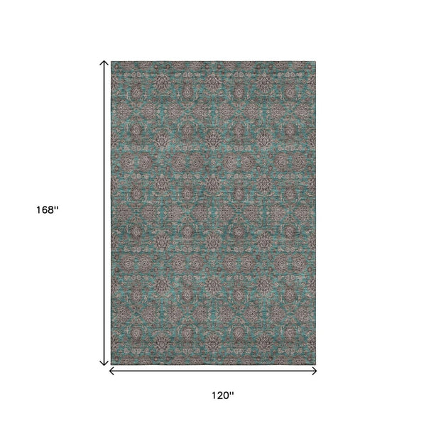 HomeRoots 10' Teal and Beige Floral Area Rug - Washable, UV-Protected, Stain-Resistant for Busy Homes 656861