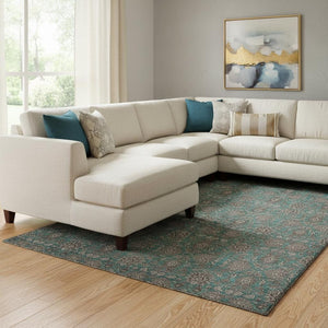 HomeRoots 10' Teal and Beige Floral Area Rug - Washable, UV-Protected, Stain-Resistant for Busy Homes 656861