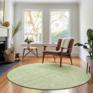 HomeRoots 8' Elegant Artichoke Green & Ivory Floral Round Rug - Washable, UV-Protected, Stain-Resistant Design 656864