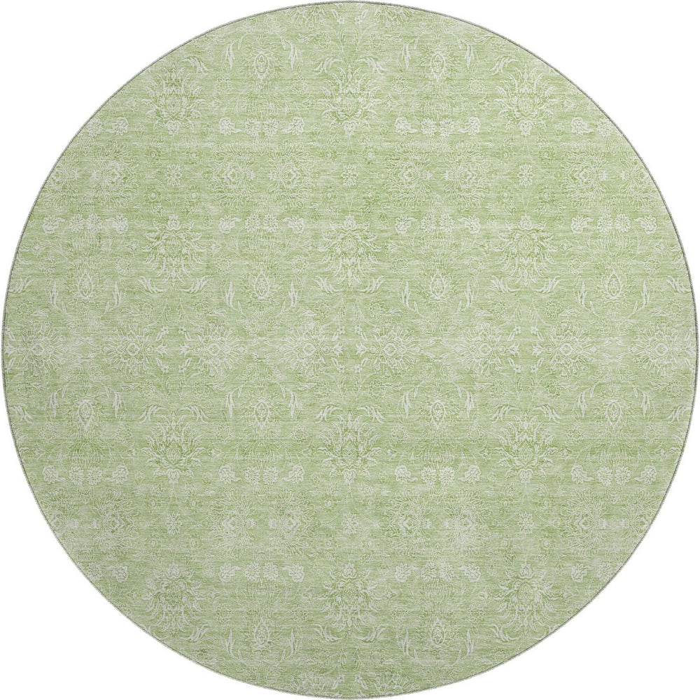 HomeRoots 8' Elegant Artichoke Green & Ivory Floral Round Rug - Washable, UV-Protected, Stain-Resistant Design 656864