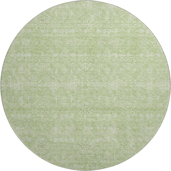 HomeRoots 8' Elegant Artichoke Green & Ivory Floral Round Rug - Washable, UV-Protected, Stain-Resistant Design 656864