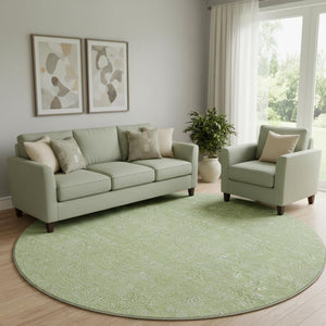 HomeRoots 8' Elegant Artichoke Green & Ivory Floral Round Rug - Washable, UV-Protected, Stain-Resistant Design 656864