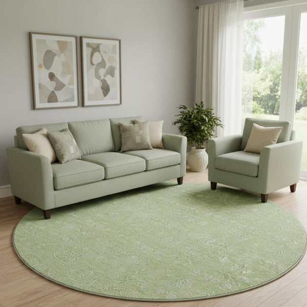 HomeRoots 8' Elegant Artichoke Green & Ivory Floral Round Rug - Washable, UV-Protected, Stain-Resistant Design 656864