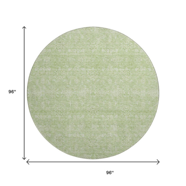HomeRoots 8' Elegant Artichoke Green & Ivory Floral Round Rug - Washable, UV-Protected, Stain-Resistant Design 656864