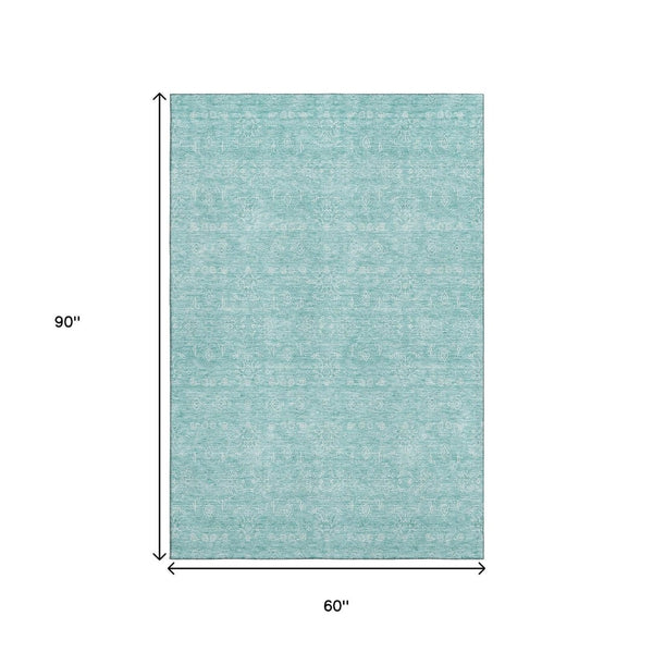 HomeRoots 5' X 8' Aqua and Ivory Floral Area Rug – Durable, Washable Design with UV Protection for Homes 656869