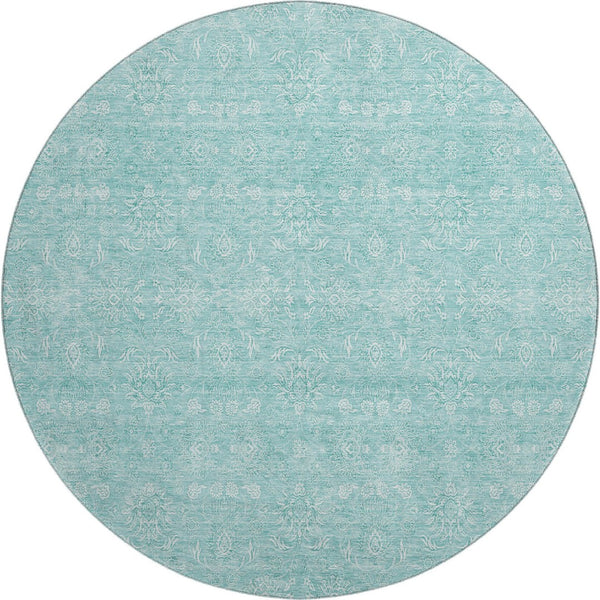 HomeRoots 8' Aqua and Ivory Floral Round Rug - Washable, UV Protected, Durable Design for Homes with Kids & Pets 656870