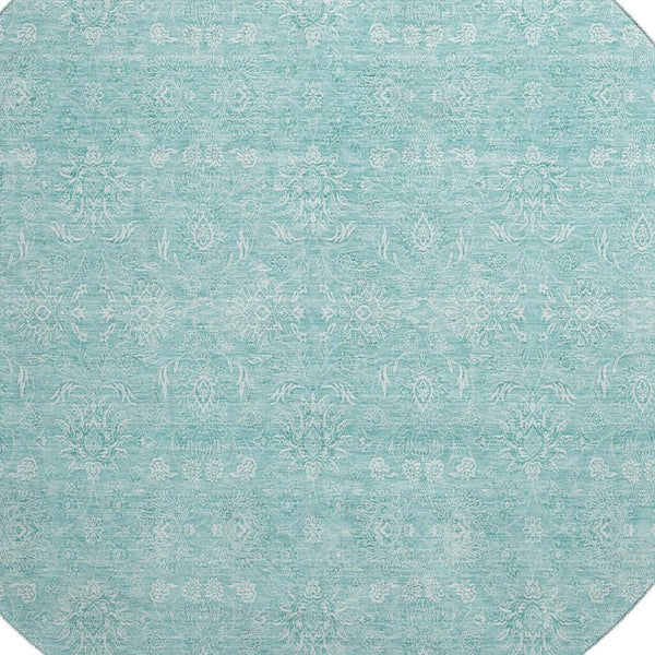 HomeRoots 8' Aqua and Ivory Floral Round Rug - Washable, UV Protected, Durable Design for Homes with Kids & Pets 656870
