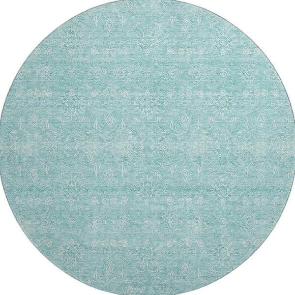 HomeRoots 8' Aqua and Ivory Floral Round Rug - Washable, UV Protected, Durable Design for Homes with Kids & Pets 656870
