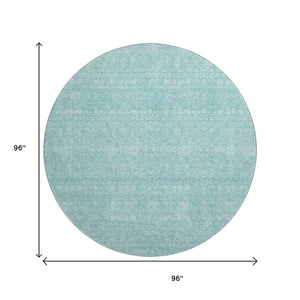 HomeRoots 8' Aqua and Ivory Floral Round Rug - Washable, UV Protected, Durable Design for Homes with Kids & Pets 656870