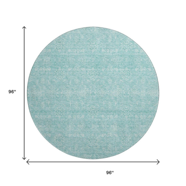 HomeRoots 8' Aqua and Ivory Floral Round Rug - Washable, UV Protected, Durable Design for Homes with Kids & Pets 656870