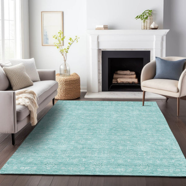 HomeRoots 9' X 12' Aqua & Ivory Floral Area Rug - Washable, UV-Protected, Durable for Busy Homes & Kids 656872
