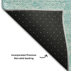 HomeRoots 9' X 12' Aqua & Ivory Floral Area Rug - Washable, UV-Protected, Durable for Busy Homes & Kids 656872