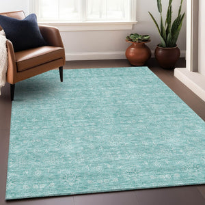 HomeRoots 9' X 12' Aqua & Ivory Floral Area Rug - Washable, UV-Protected, Durable for Busy Homes & Kids 656872