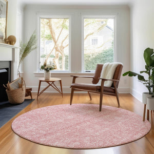 HomeRoots 8' Blush and Ivory Floral Washable Round Rug – Durable, Stain Resistant with UV Protection for Homes 656882