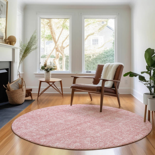 HomeRoots 8' Blush and Ivory Floral Washable Round Rug – Durable, Stain Resistant with UV Protection for Homes 656882