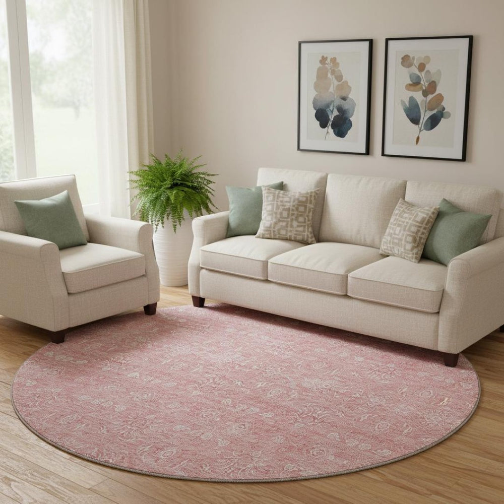 HomeRoots 8' Blush and Ivory Floral Washable Round Rug – Durable, Stain Resistant with UV Protection for Homes 656882