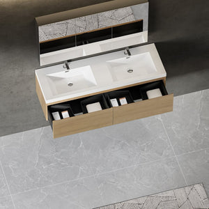 English Elm 60'' Floating Wall Mount Vanity Dual Quartz Basins Smoked Walnut Fluted Cabinet W1920P385461