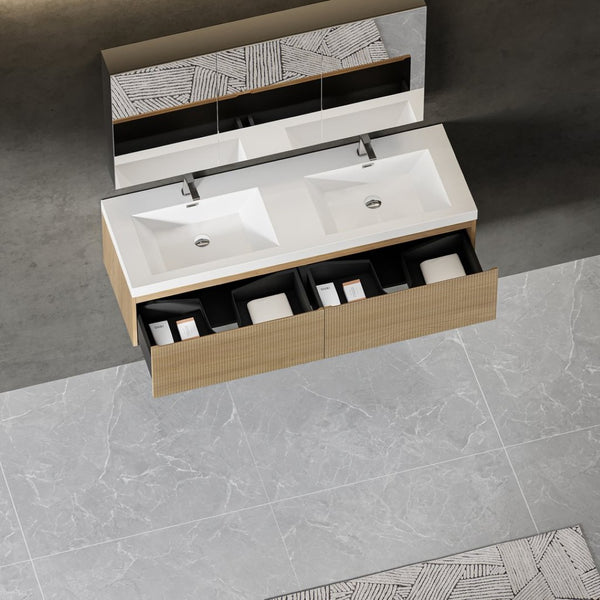 English Elm 60'' Floating Wall Mount Vanity Dual Quartz Basins Smoked Walnut Fluted Cabinet W1920P385461