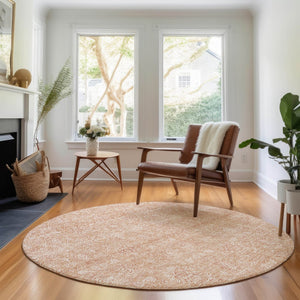 HomeRoots 8' Coral and Ivory Floral Washable Round Rug - Stain-Resistant, UV-Protected, Perfect for Homes! 656888