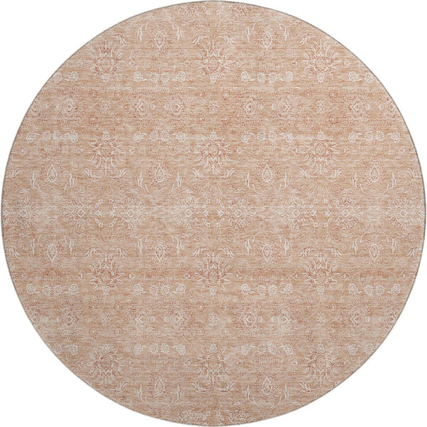 HomeRoots 8' Coral and Ivory Floral Washable Round Rug - Stain-Resistant, UV-Protected, Perfect for Homes! 656888
