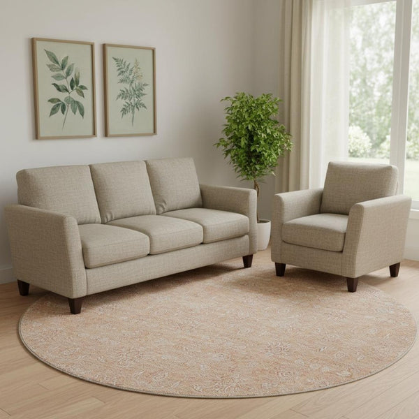 HomeRoots 8' Coral and Ivory Floral Washable Round Rug - Stain-Resistant, UV-Protected, Perfect for Homes! 656888