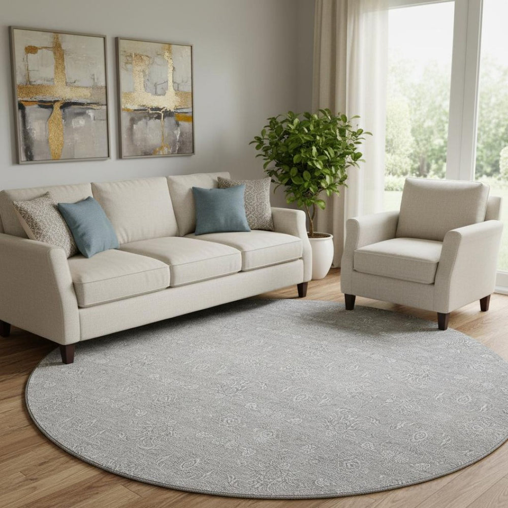 HomeRoots 8' Gray And Ivory Floral Round Rug – Washable, UV Protected, Durable for Indoor & Outdoor Use! 656894