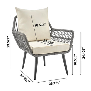 English Elm Cannes 3-Piece Conversation Set with Waterproof Removable Cushions, Tempered Glass End Table, Patio Stylish Cream+Grey B365P397648