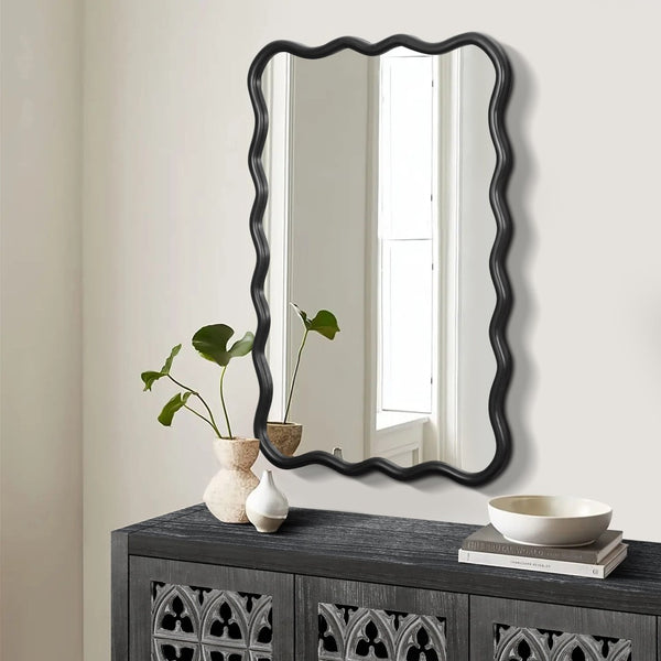 English Elm Solid Wood Wavy Rectangle Mirror - 40" X 28" Modern Art Decor For Stylish Home Entryways & More W1445P189614-GIGA
