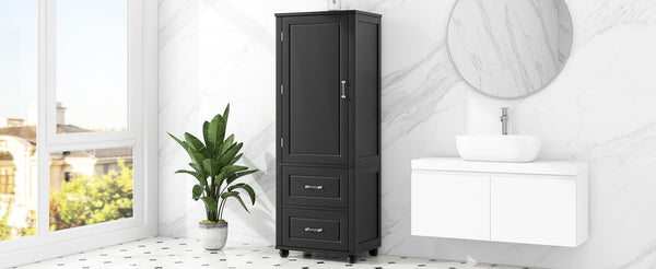 English Elm Tall Freestanding Bathroom Cabinet Two Drawers Adjustable Shelves Matte Mdf Storage Black N725P407739B
