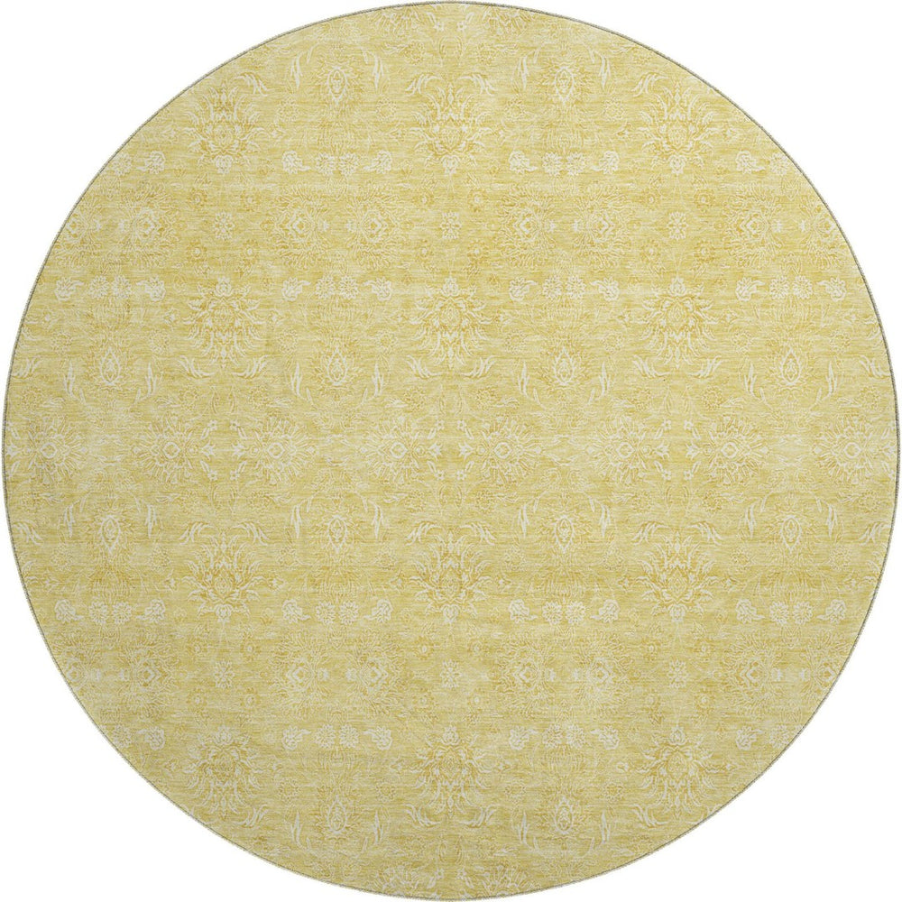 HomeRoots 8' Amber and Ivory Floral Washable Round Rug – Durable, Stain-Resistant, UV Protected for Homes 656900