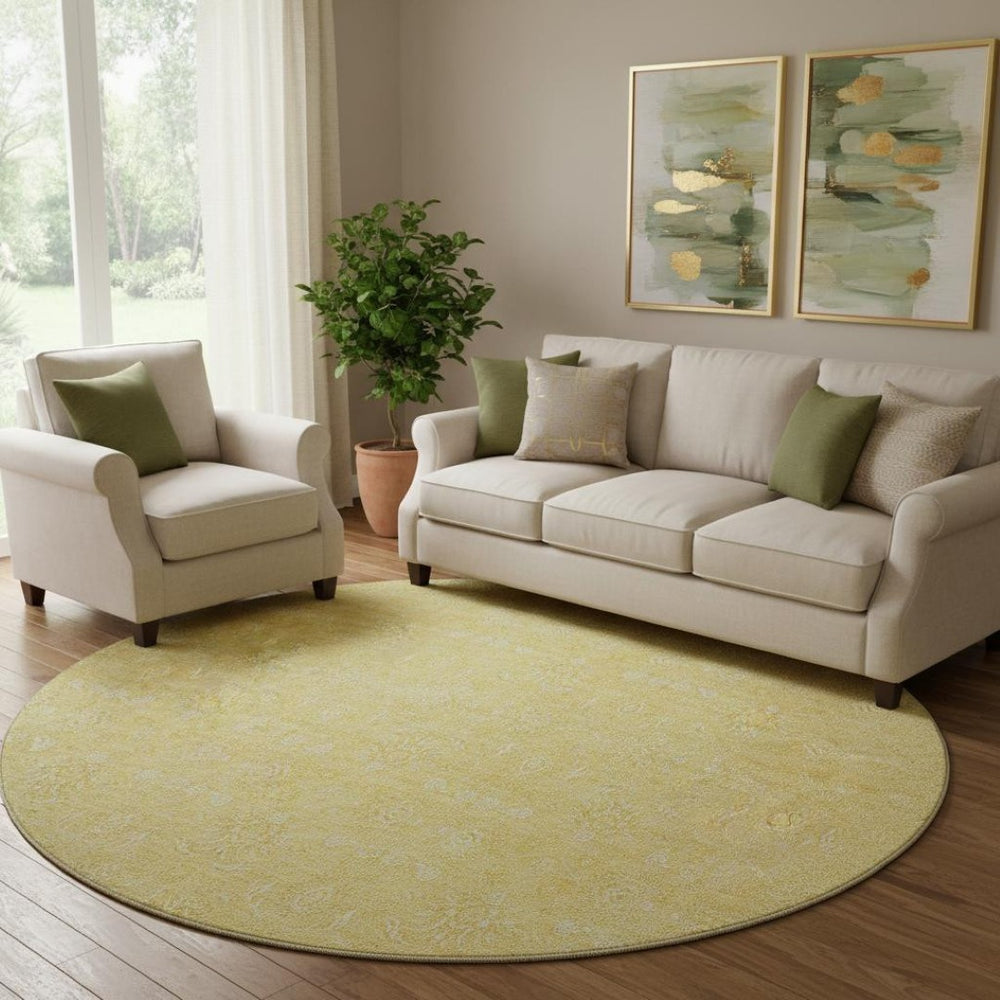 HomeRoots 8' Amber and Ivory Floral Washable Round Rug – Durable, Stain-Resistant, UV Protected for Homes 656900