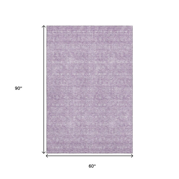 HomeRoots 5' X 8' Floral Area Rug in Lavender and Ivory - Washable, UV-Protected, Kid & Pet-Friendly Décor 656905