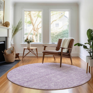 HomeRoots 8' Floral Lavender and Ivory Round Rug - Washable, UV-Protected for Easy Care & Comfort in Style 656906