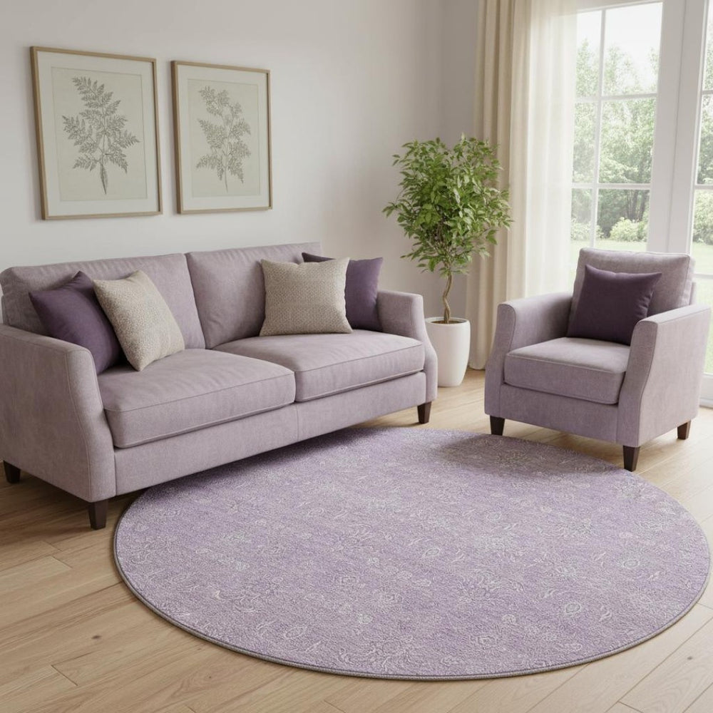 HomeRoots 8' Floral Lavender and Ivory Round Rug - Washable, UV-Protected for Easy Care & Comfort in Style 656906